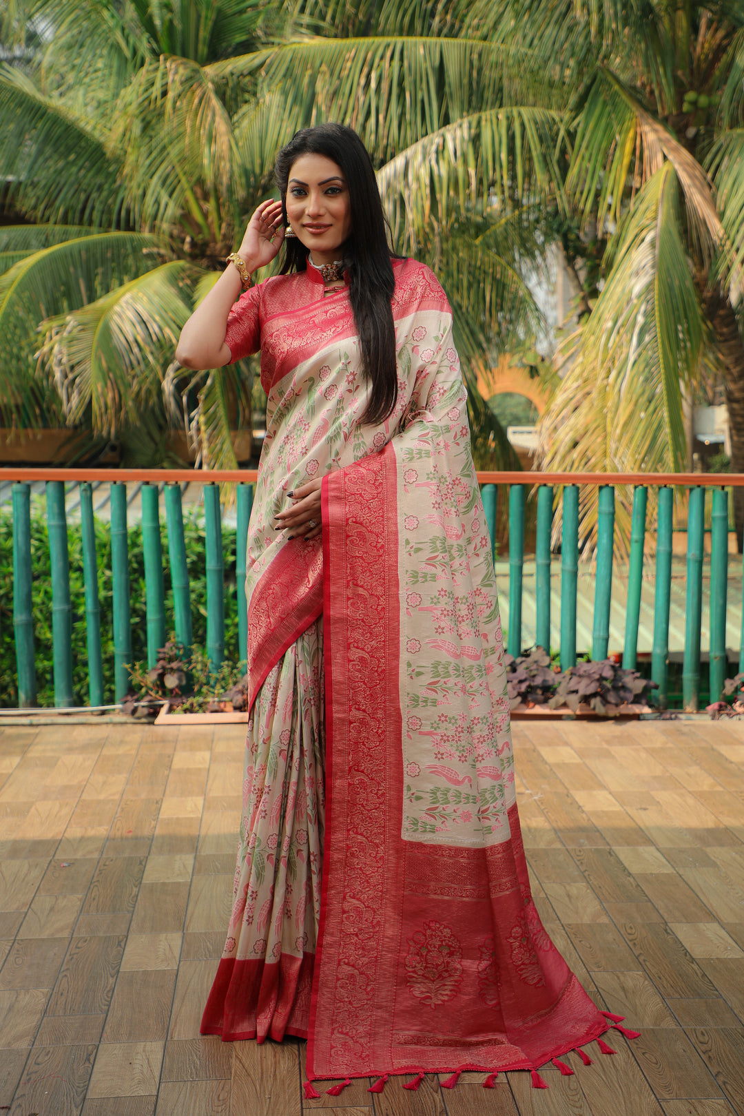 Stylish cream Kanjivaram soft silk saree with a heavy blouse, perfect for grand celebrations and festive wear.