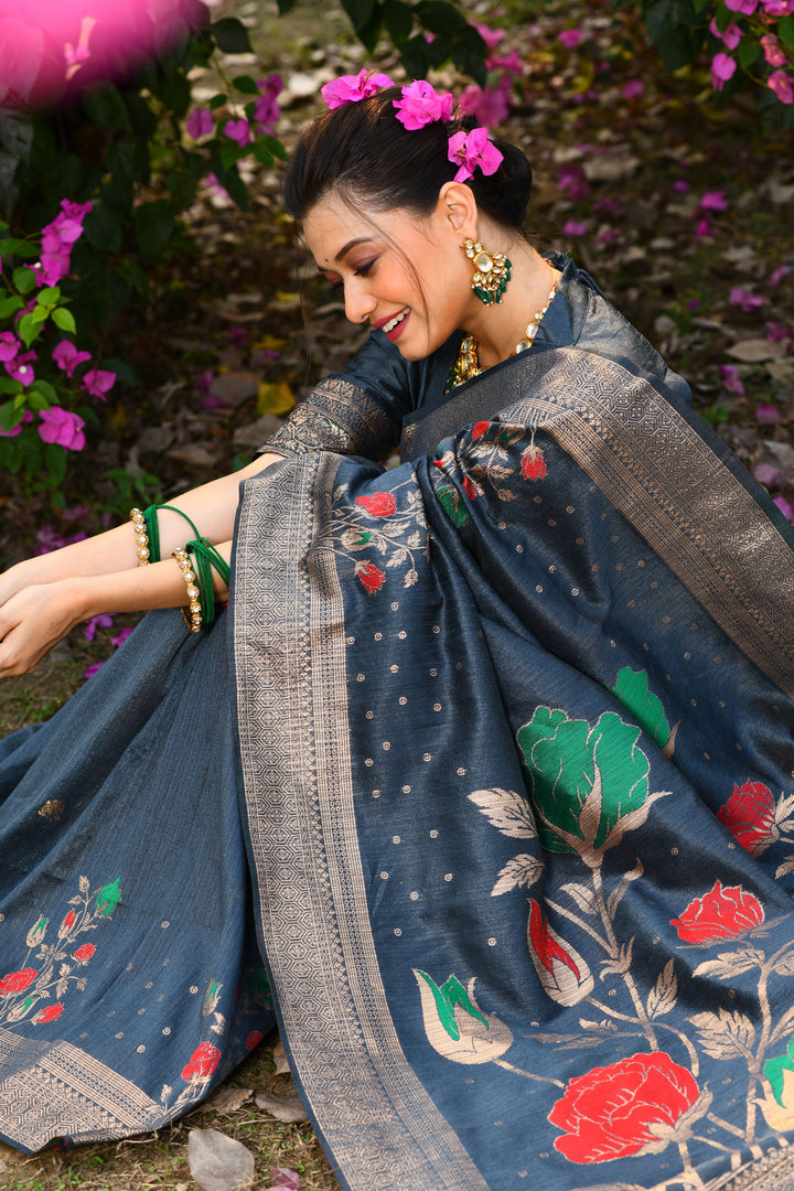 Gorgeous teal blue saree with zari embroidery, ideal for festive and cultural events.