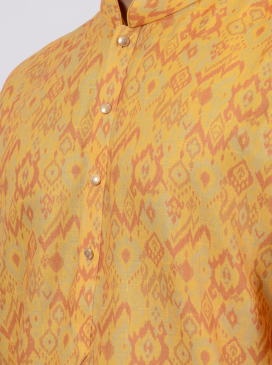 Mustard yellow silk kurta set for men, crafted for traditional and festive occasions.