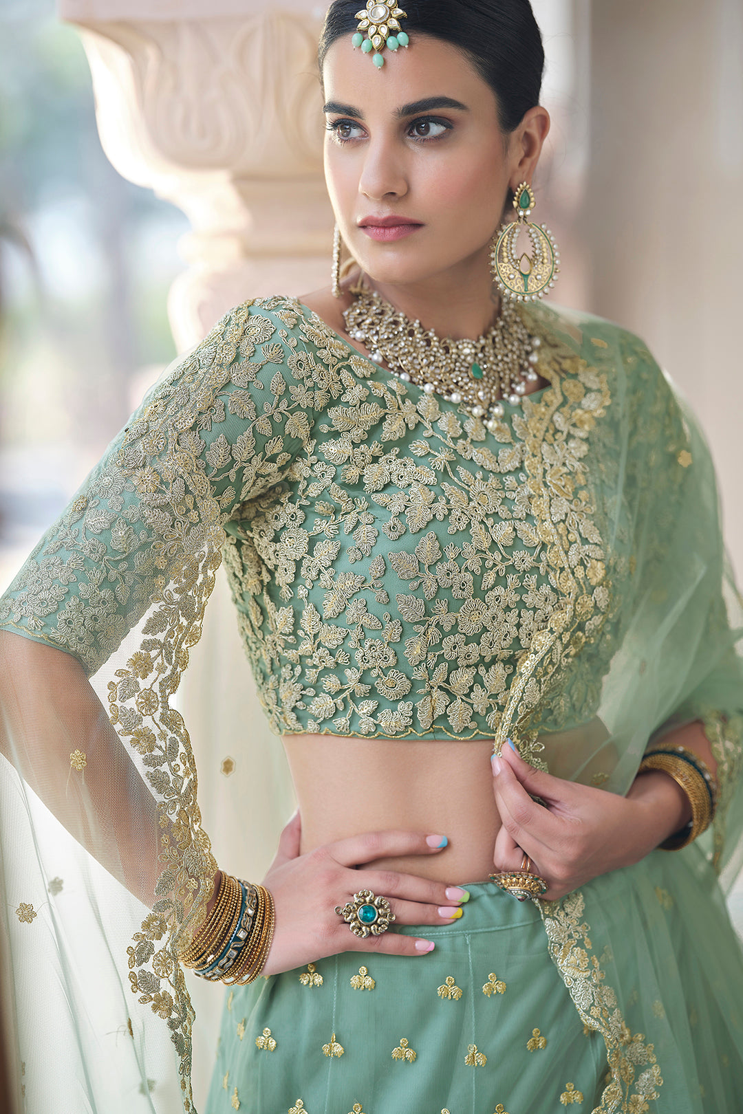 Pista Green Soft Net Lehenga | Sequins and Dori Work Lehenga for Women