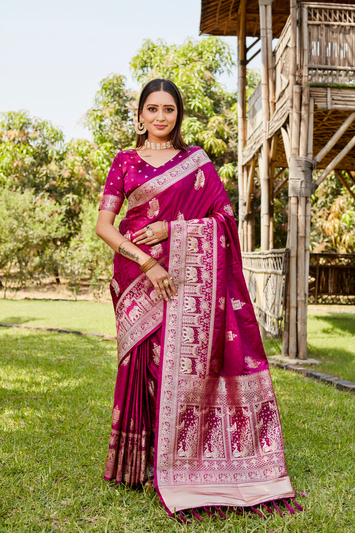 Beautiful wine satin Kanjivaram saree with traditional elephant border, ideal for festive and cultural celebrations.