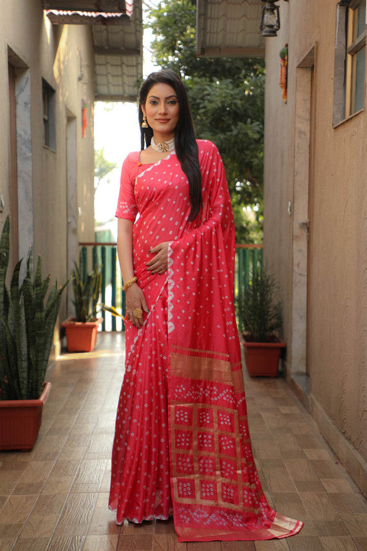 Dark-peach Bandhej silk saree with elegant checks pattern, perfect for festive occasions.