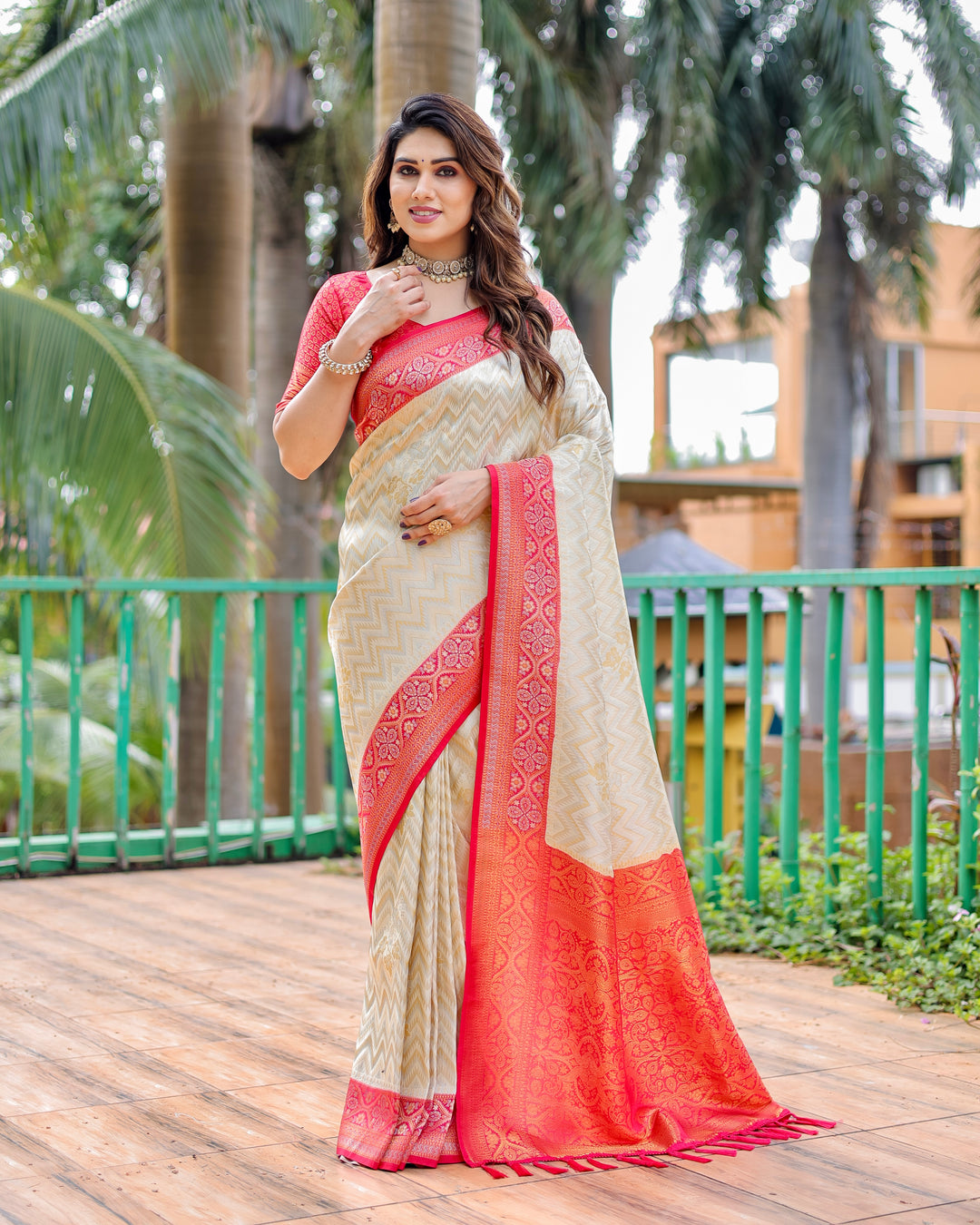 Cream Pure Kanjivaram Saree with beautiful Leheriya design and heavy border, perfect for traditional events.