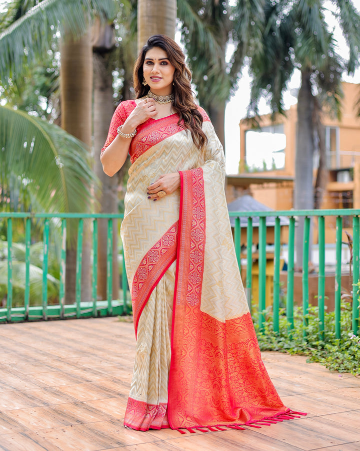 Cream Pure Kanjivaram Saree with beautiful Leheriya design and heavy border, perfect for traditional events.