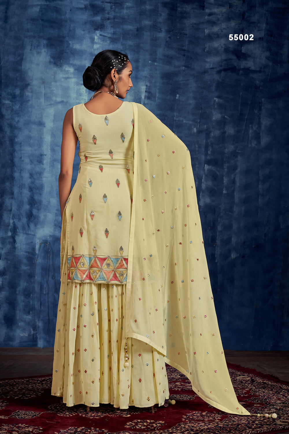 Elegant Yellow Sharara Style Suit with Golden Zari, Crystal Stones, and Beads Work, Complete with Pleated Palazzo & Dupatta.