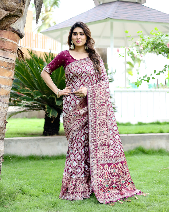 Traditional red Kanjivaram Pattu Silk Saree with luxurious zari work & embossed texture, perfect for USA brides.