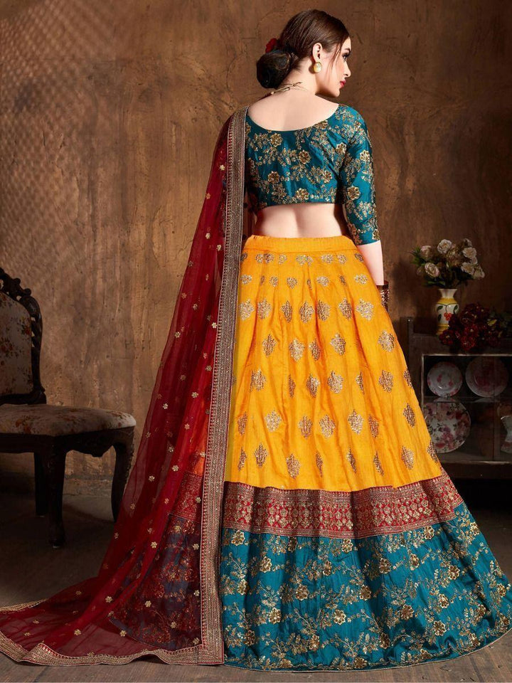 Banarasi Silk Lehenga Set | Teal & Yellow with Maroon Dupatta