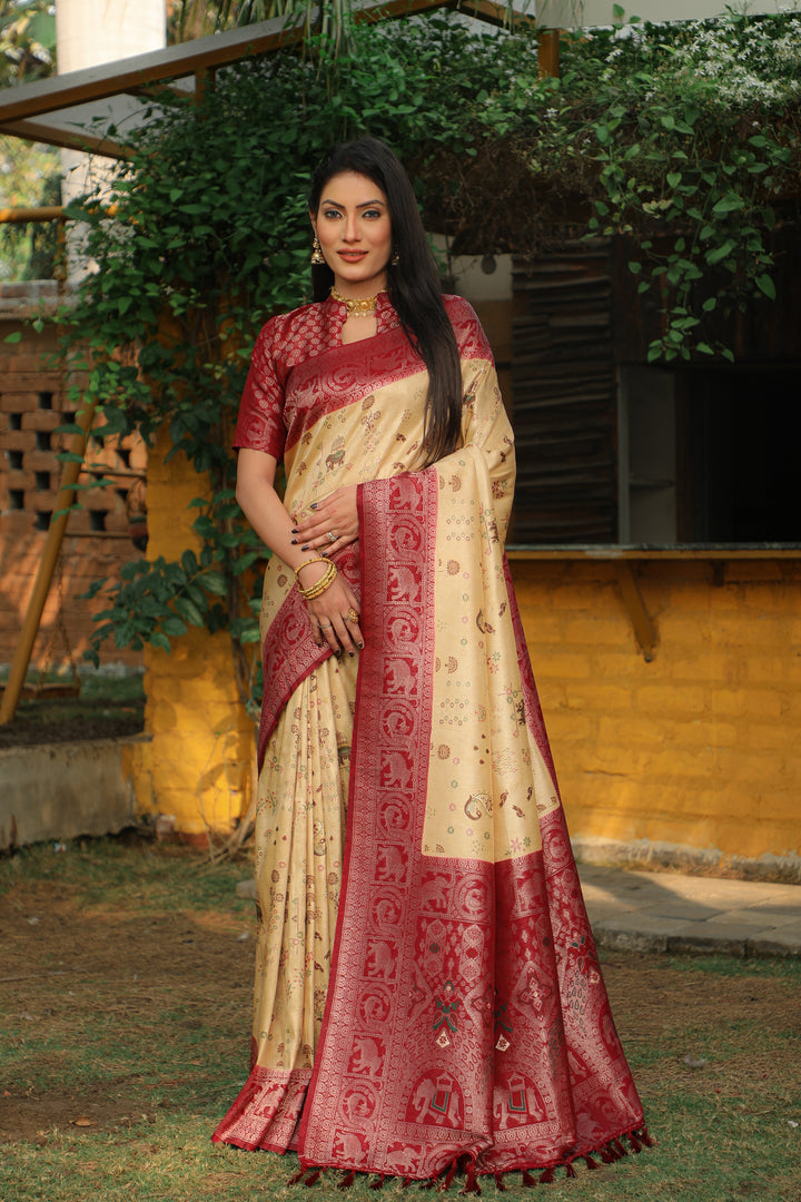 Luxurious cream Kanjivaram soft silk saree with intricate weaving and traditional borders, designed for elegant occasions.