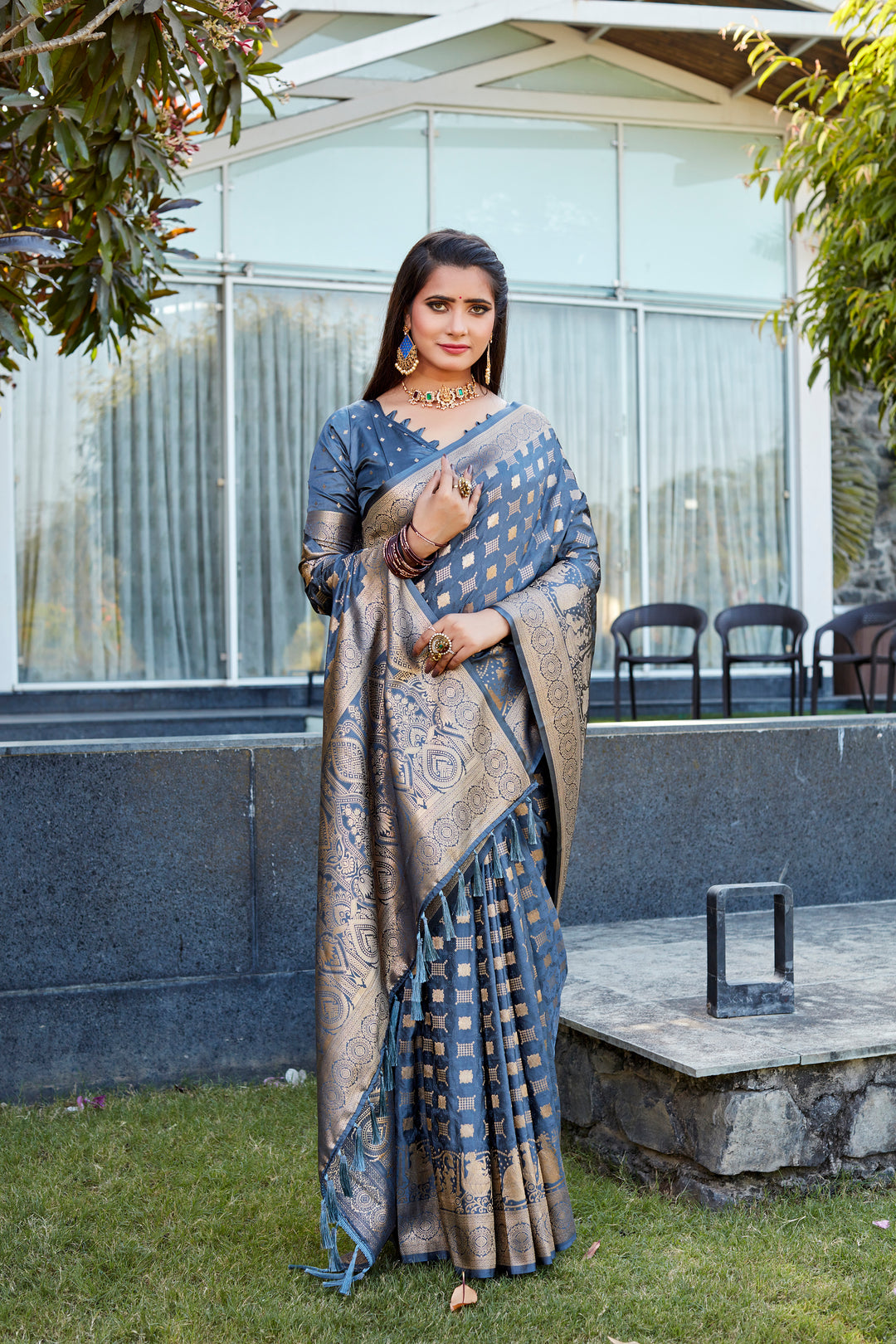 Elegant Teal-Blue Satin Silk Saree with dual weave and luxurious pallu, perfect for bridal wear.