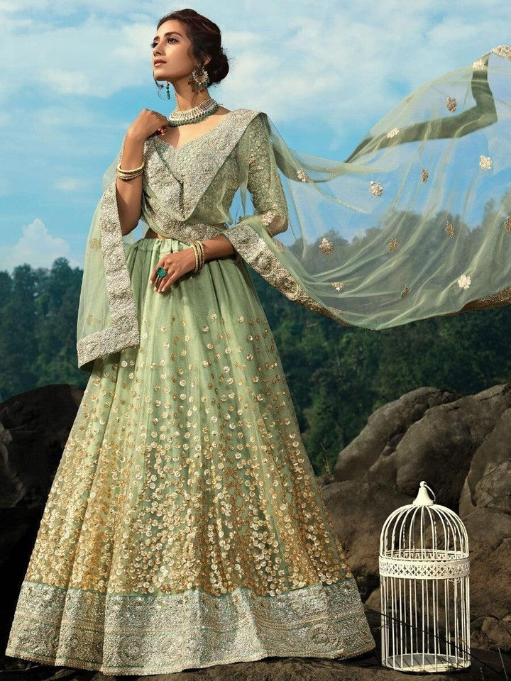 Traditional Green Net Lehenga Choli | Bridal Wear with Sequins