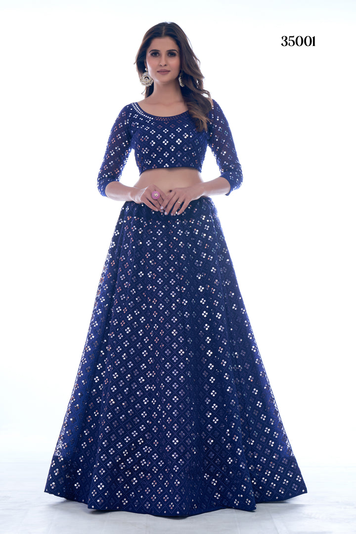 Glamorous Navy Blue Lehenga Set | Geometric Sequins & Customizable Blouse