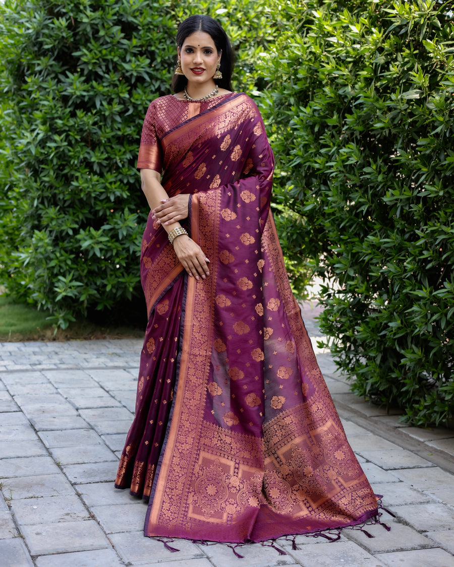 Purple soft silk saree with woven copper body and contrast border, perfect for weddings and festive occasions.