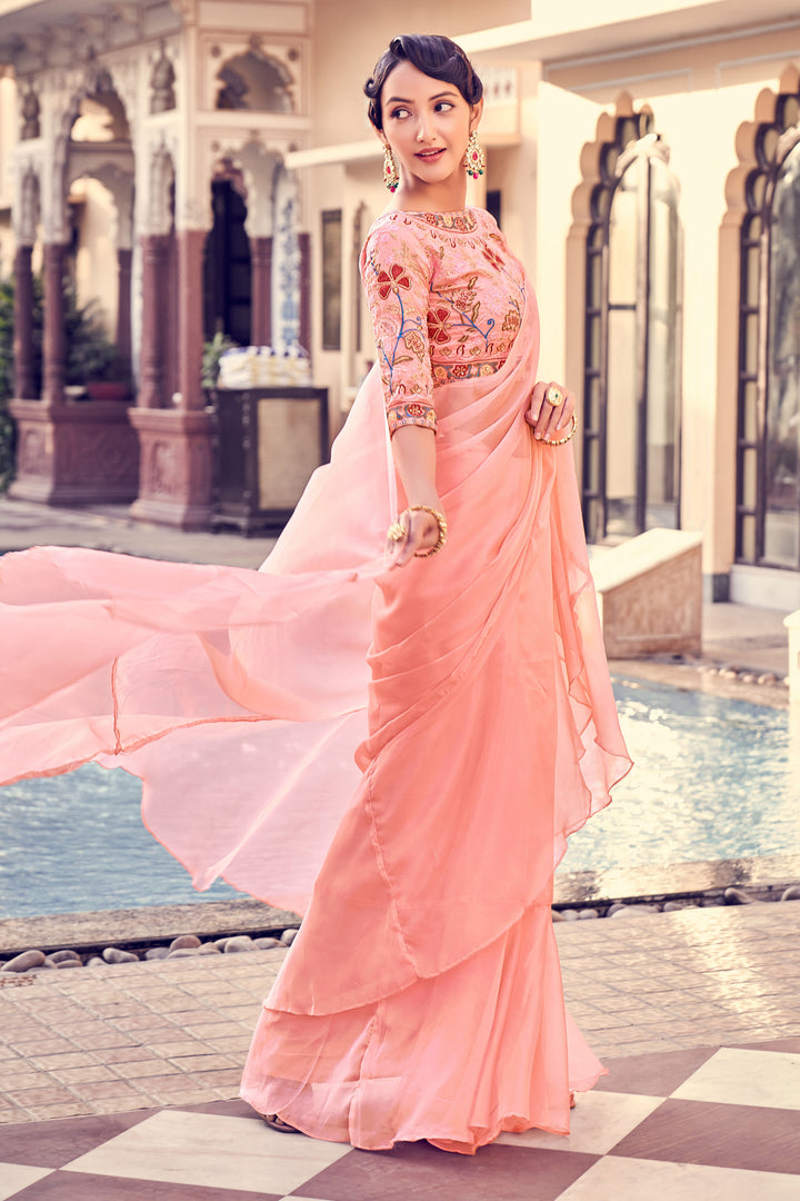 Elegant Ruffled Organza Saree | Indian Wedding Saree in Peach