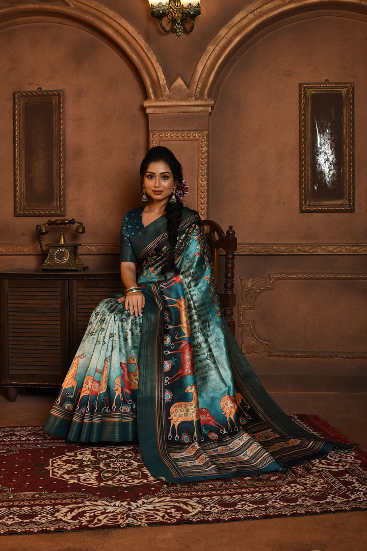 Traditional blue Kalamkari Tussar Silk Saree with contrast blouse, ideal for weddings and parties in the USA.