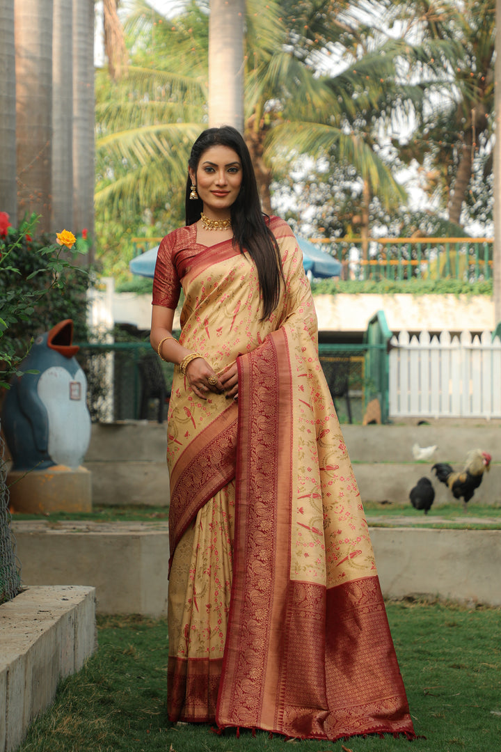 Beige Indian wedding saree with beautiful Kanjivaram silk, perfect for festive events and special occasions.