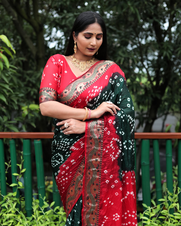 Teal-green Bandhej Tapeta silk saree with dual-tone colors and unique Bandhej design, ideal for cultural events.