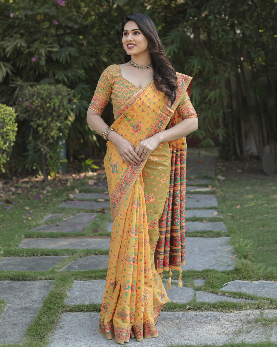 Yellow Pashmina Cotton Saree with grand woven Pallu, offering a luxurious festive look.