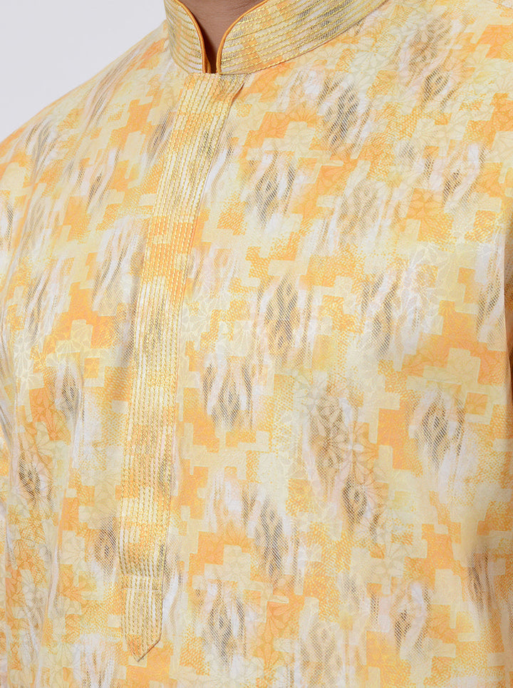 Elegant yellow silk blend kurta pajama for men, available in the USA