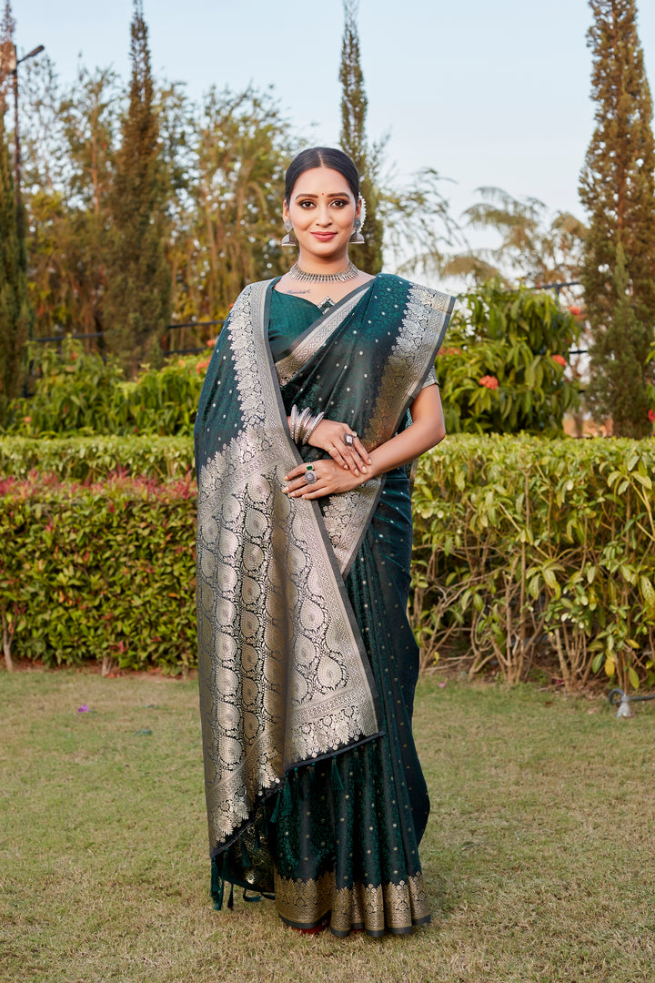 Stunning Dark-Green Kanjivaram Satin Silk Saree with intricate Butta design and elegant designer border.