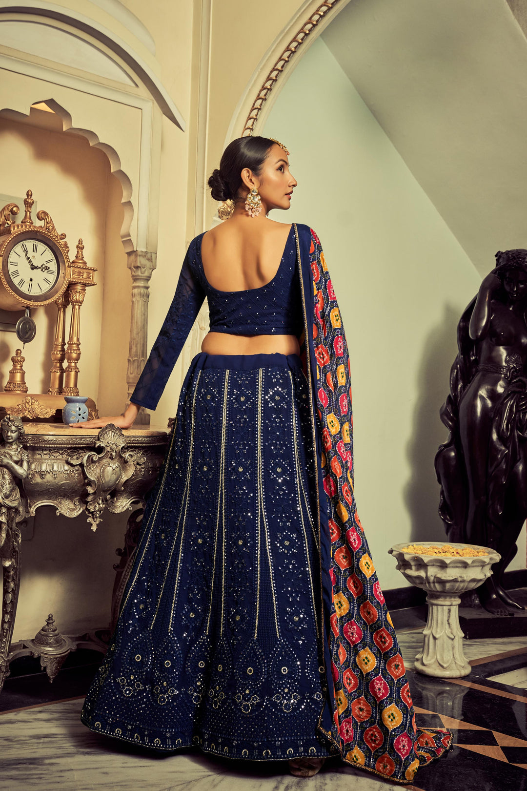 Navy Blue Georgette Lehenga Choli | Sequins & Thread Embroidery Design