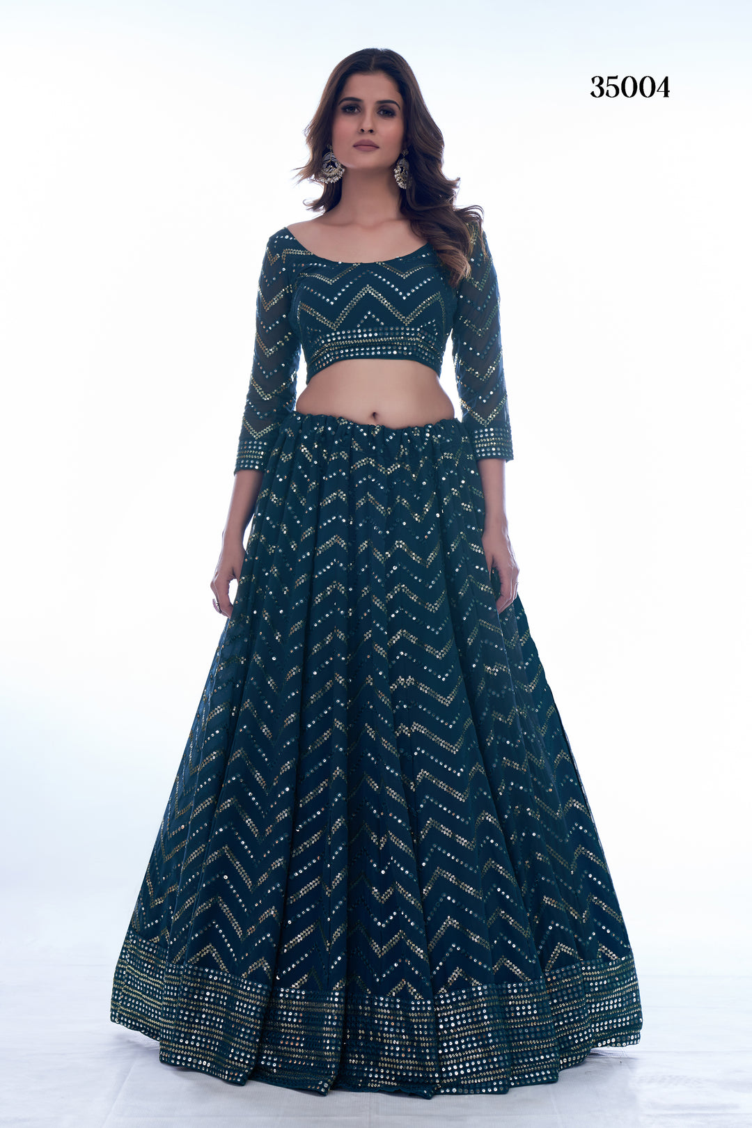 Prussian Blue Georgette Lehenga Set | Chevron Pattern, Thread Work & Sequins