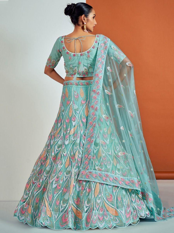 Exquisite Turquoise Lehenga Choli | Soft Net with Dori & Zarkan Work