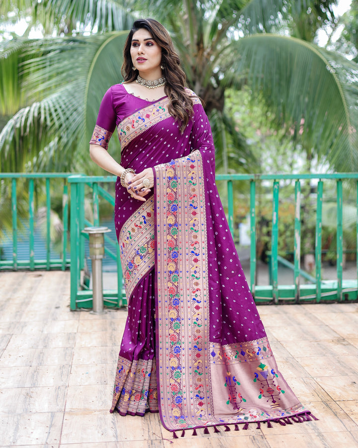 Stunning Paithani Bandhej silk sadi in purple and green with vibrant traditional elegance.