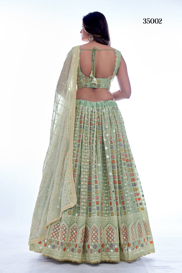 Elegant Pista Green Georgette Lehenga Set | Floral & Geometric Design with Sequins