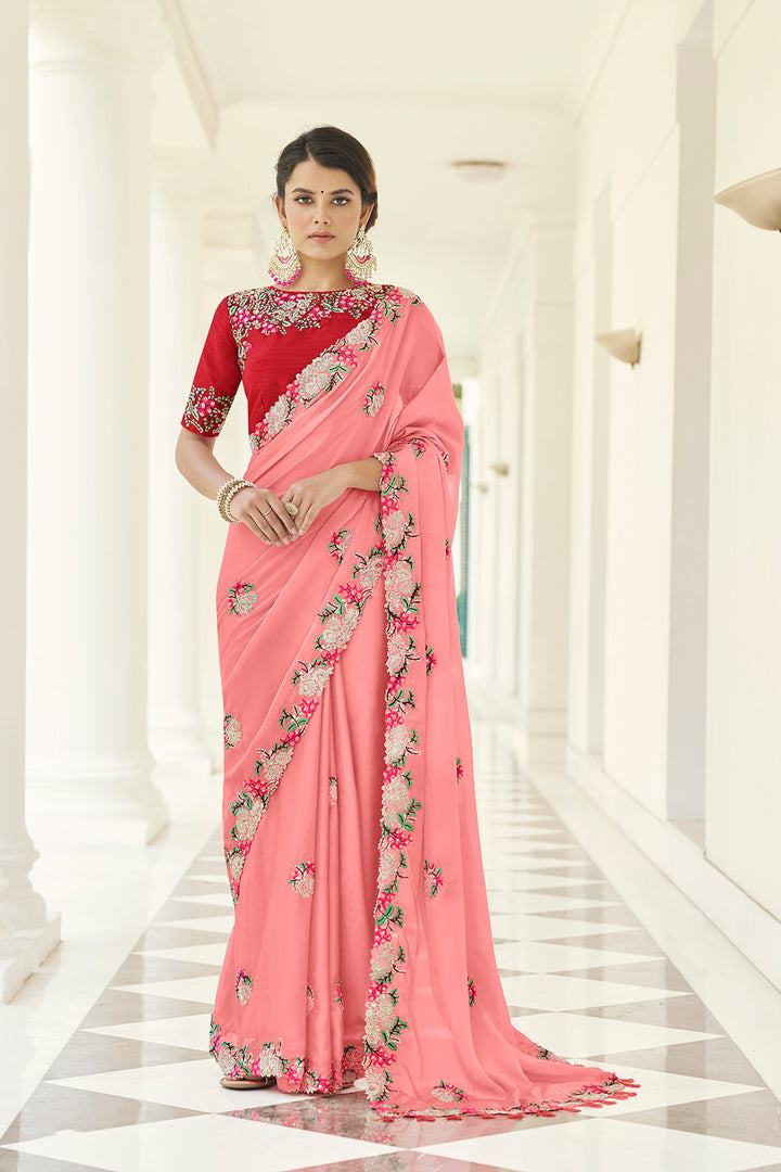 Peach Art Silk Saree with Thread & Embroidery | Wedding & Party Wear