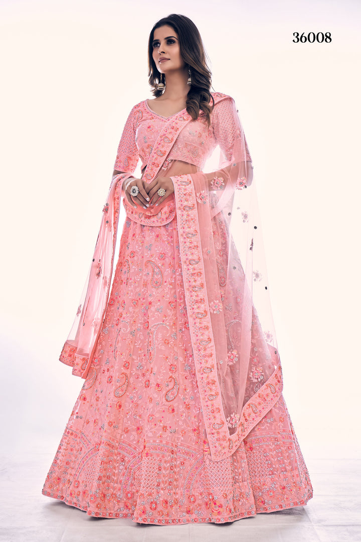 Elegant Embroidered Soft Net Bridal Lehenga | Designer Wedding Outfit