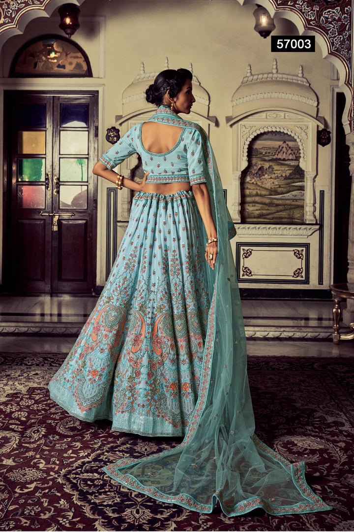 Turquoise Georgette Embroidered Lehenga | Thread & Sequins Work with Dupatta