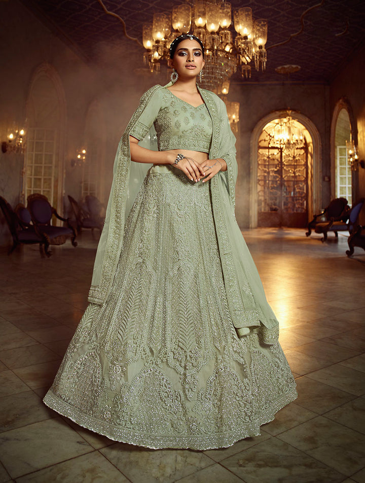 Green Soft Net Lehenga with Dori and Zarkan Work | Elegant Bridal Wear