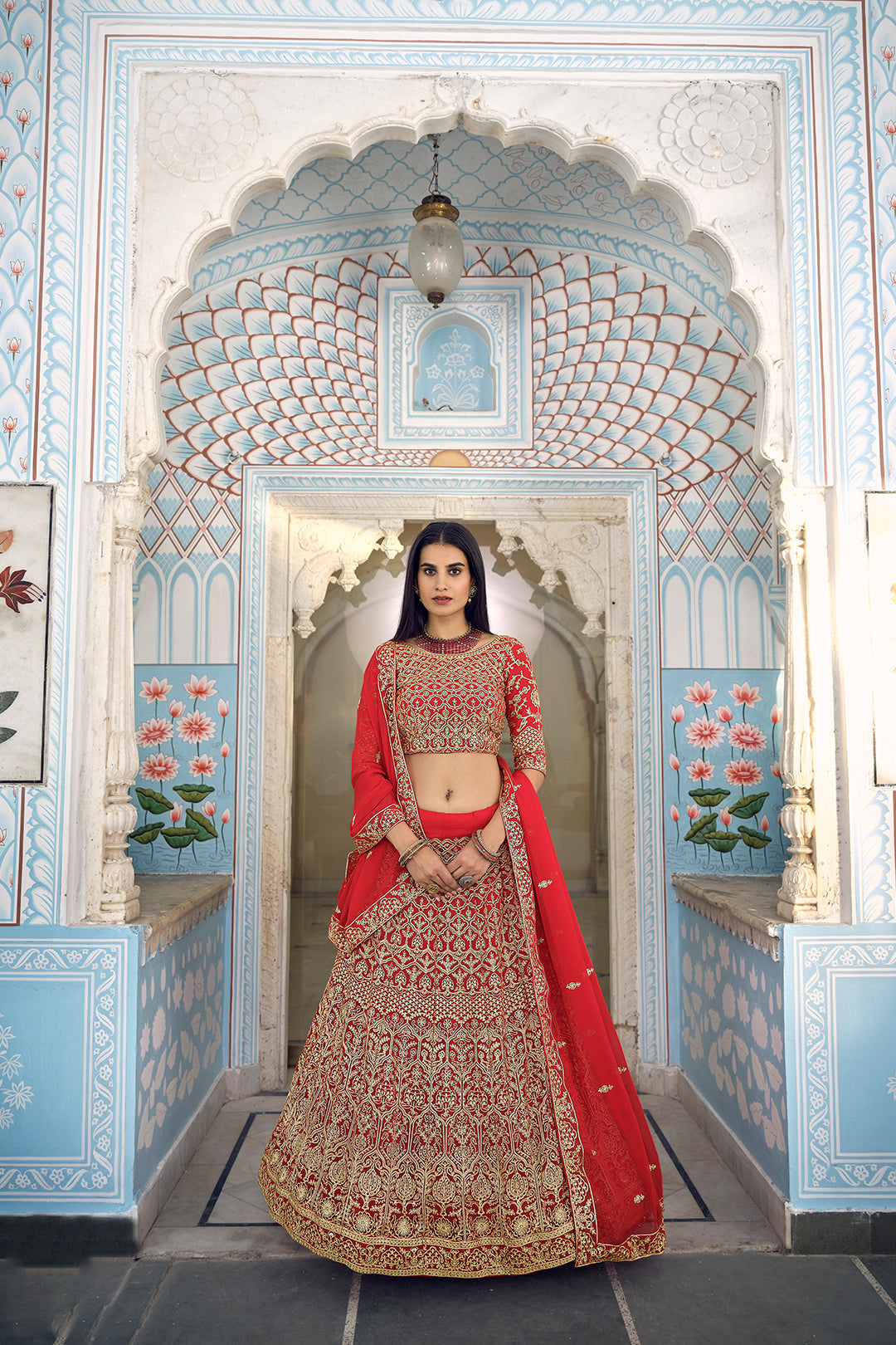 Red Zari Embroidered Semi Stitched Lehenga | Georgette Fabric with Blouse