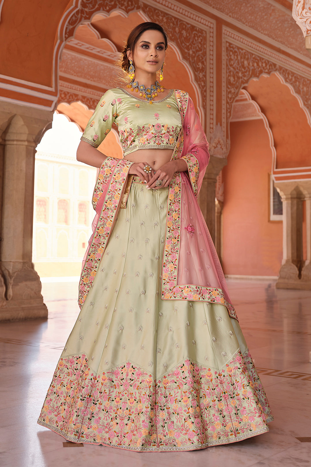 Pista Green Lehenga | Wedding Wear Satin Lehenga Choli