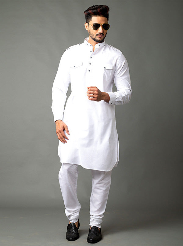 Look your best in this elegant white Pathani kurta, ideal for weddings and festive events, designed to enhance your traditional attire.