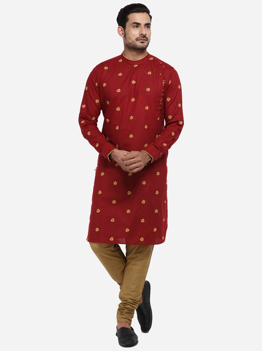 Elevate your style with this chic embroidered dark red kurta set for men.