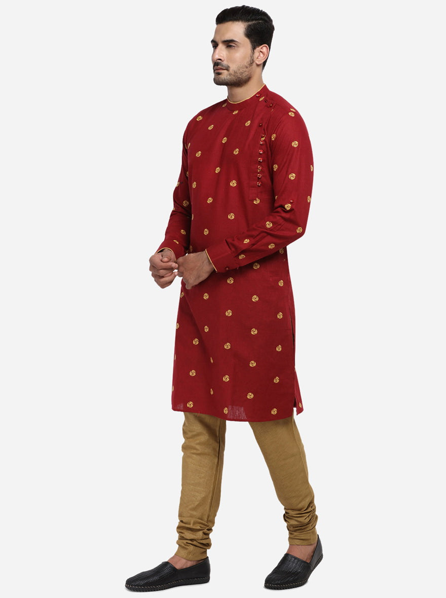 Stylish dark red kurta set made from a cotton blend for all-day comfort.