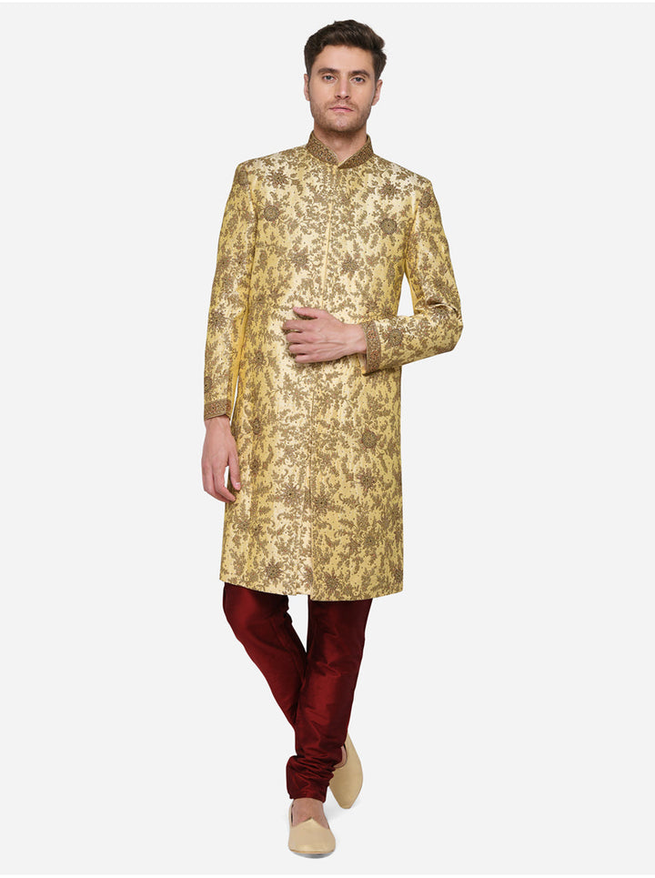 Elegant sherwani in beige and golden, designed for grooms seeking comfort and style.