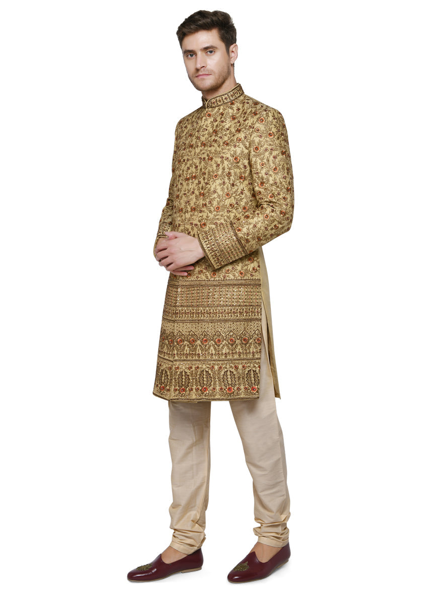 Sophisticated sherwani in beige and golden, ideal for weddings and special occasions.