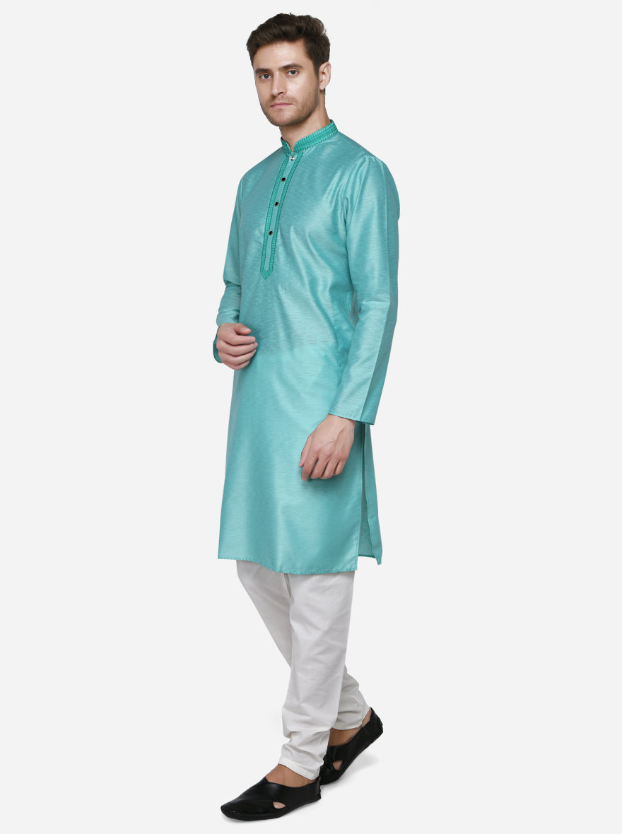 Comfortable sea blue kurta pajama crafted from silk, perfect for day-long wear.