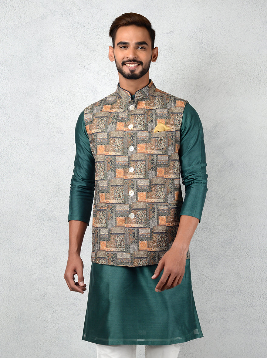 Bottle green and yellow silk blend waistcoat, perfect for pairing with a contrasting kurta for special celebrations.