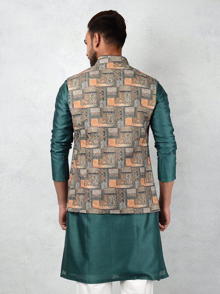 Stylish Nehru Jacket | Bottle Green & Yellow Bandhgala Design