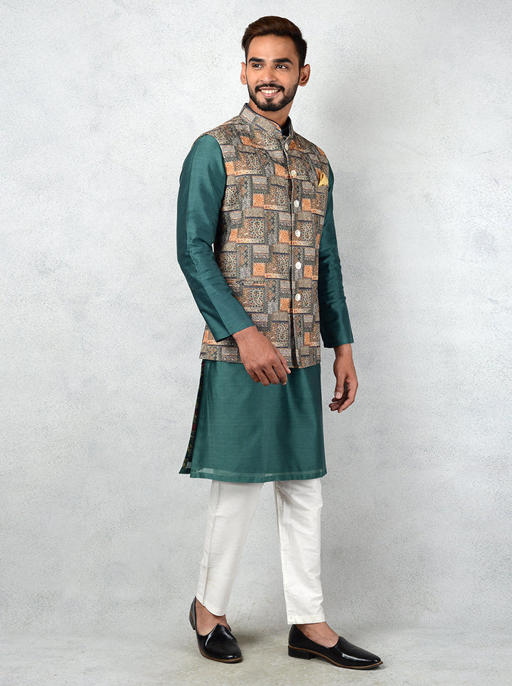 Stylish Nehru Jacket | Bottle Green & Yellow Bandhgala Design