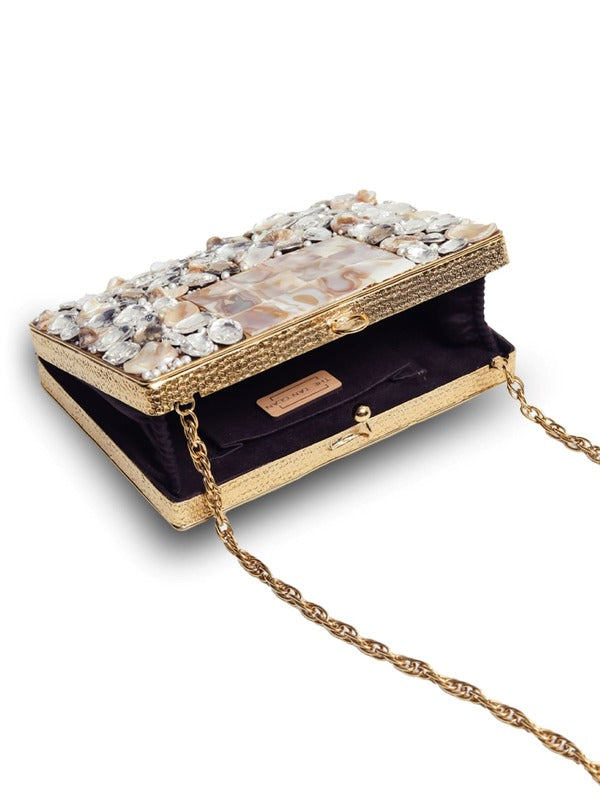 Saba Embellished Brass Clutch | Elegant Mother of Pearl and Stone Handbag