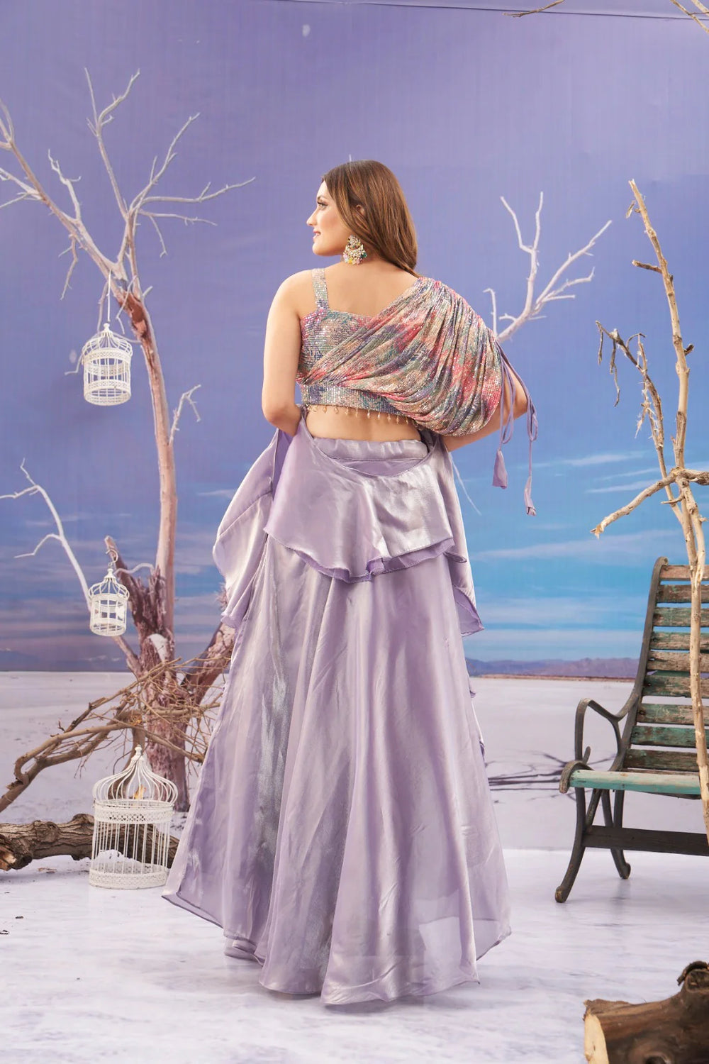 Trendy floral purple crop top lehenga on Jimmichu fabric, ideal for creating a fashionable look for summer gatherings.