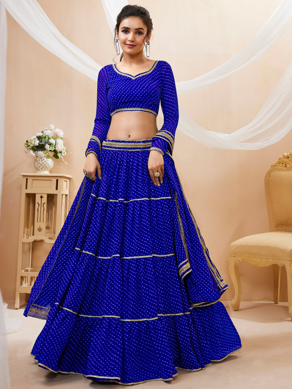 Wonderful Blue Leheriya Printed Georgette Festival Wear Lehenga Choli