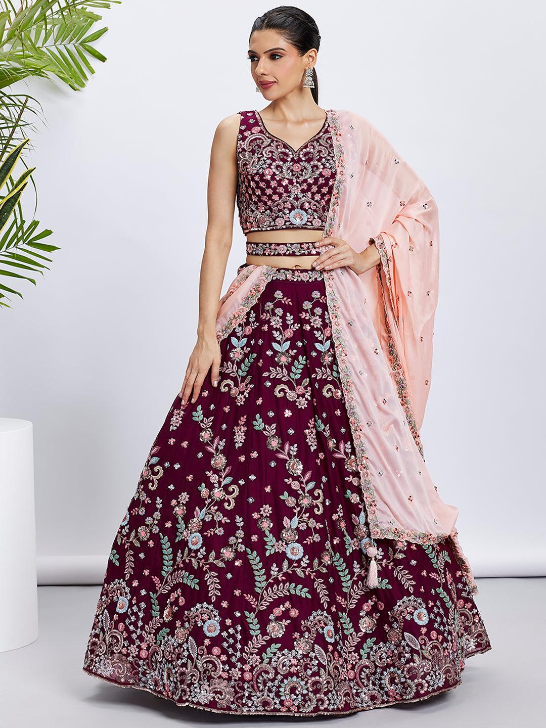 Enchanting Burgundy Embroidered Georgette Lehenga Choli With Dupatta