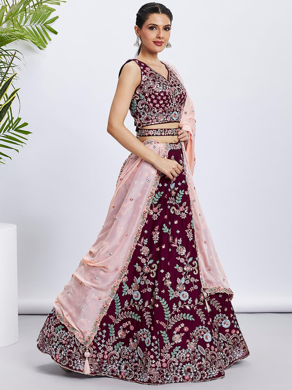 Enchanting Burgundy Embroidered Georgette Lehenga Choli With Dupatta