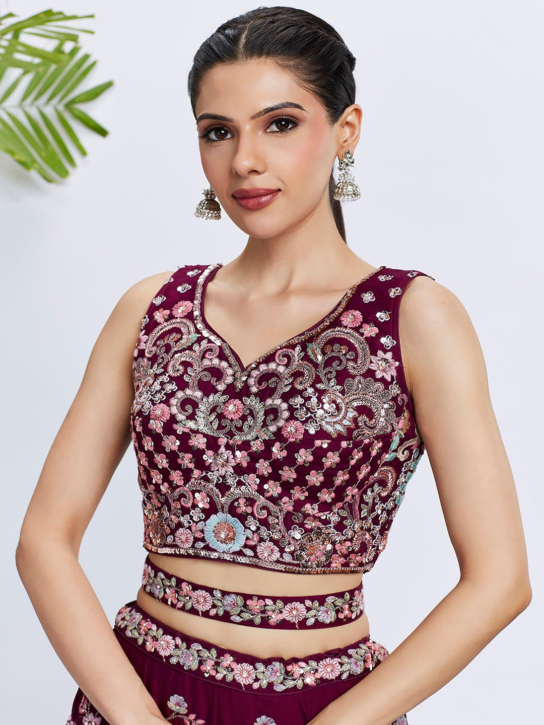 Enchanting Burgundy Embroidered Georgette Lehenga Choli With Dupatta