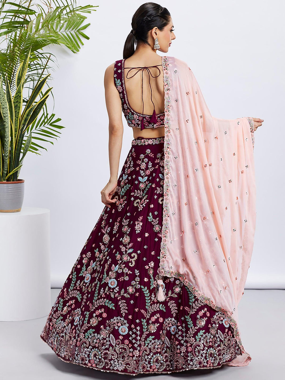 Enchanting Burgundy Embroidered Georgette Lehenga Choli With Dupatta